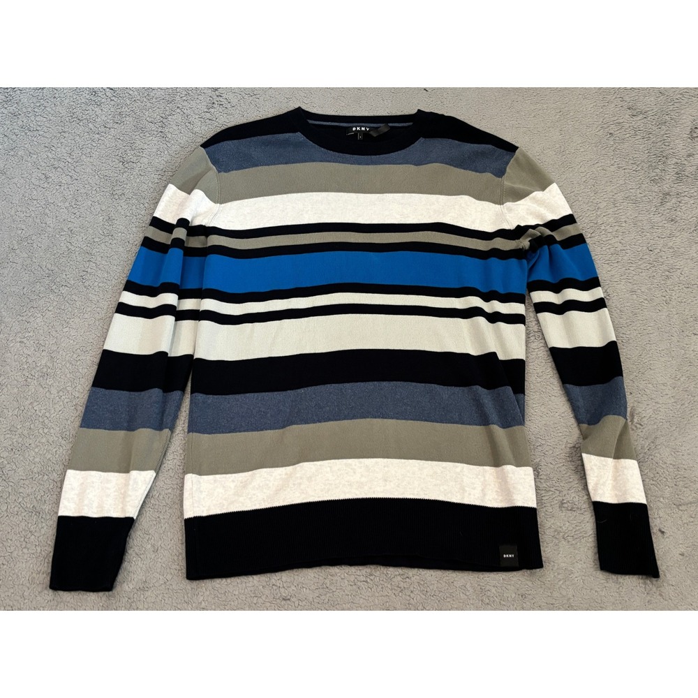 DKNY Mens Striped Cotton Crewneck Sweater Blue Black Grey White Size S
